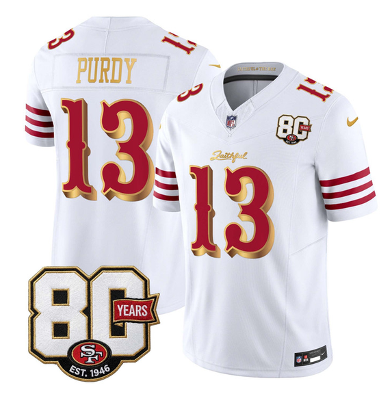 Men's White Gold San Francisco 49ers #13 Brock Purdy 80th Anniversary Patch “Rivalries” 2026 F.U.S.E. Vapor Untouchabl Limited Stitched Football Jersey